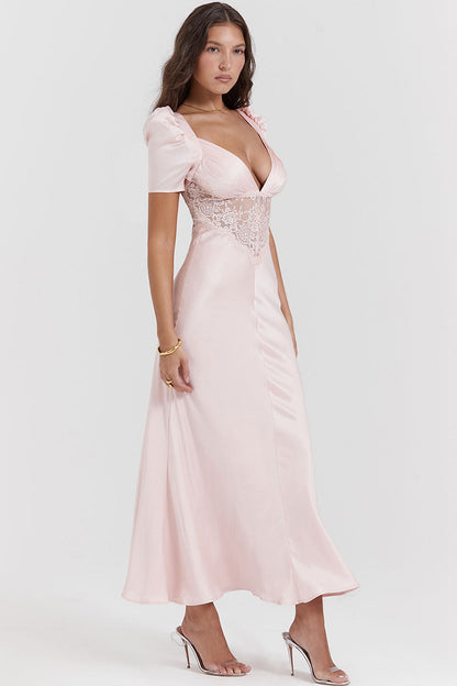 Satin Pleated Deep V-Neck Puff Sleeve Lace Panel Fishtail Maxi Gown
