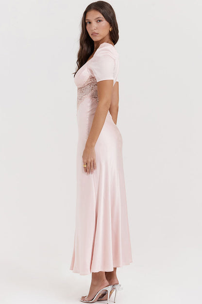 Satin Pleated Deep V-Neck Puff Sleeve Lace Panel Fishtail Maxi Gown