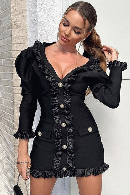 Ruffle Trim Pearl Button Blazer Style Puff Shoulder Bodycon Mini Dress