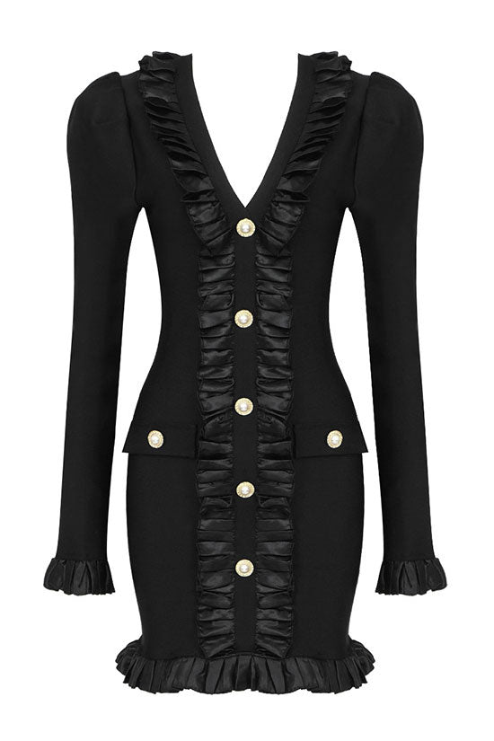 Ruffle Trim Pearl Button Blazer Style Puff Shoulder Bodycon Mini Dress
