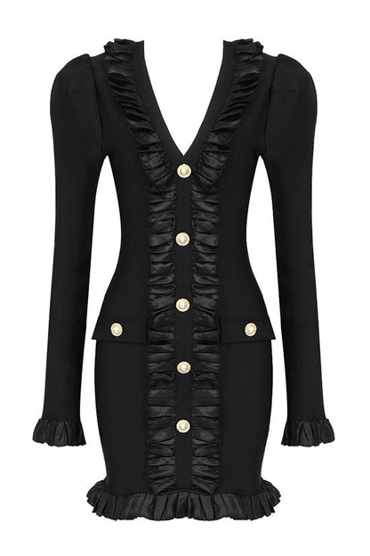 Ruffle Trim Pearl Button Blazer Style Puff Shoulder Bodycon Mini Dress