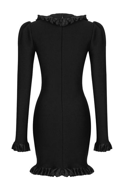 Ruffle Trim Pearl Button Blazer Style Puff Shoulder Bodycon Mini Dress