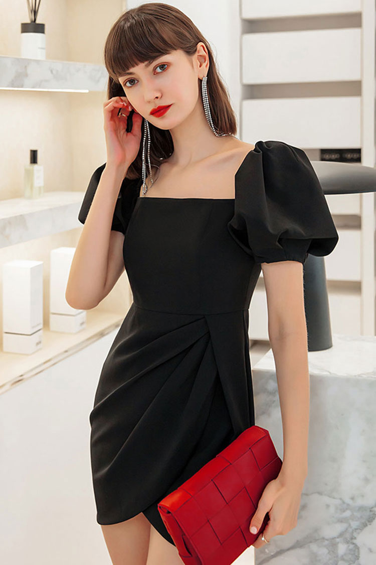 Square Neck Puff Sleeve Satin Diagonal Ruched Waist Mini Dress