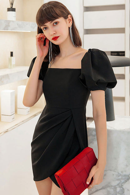 Square Neck Puff Sleeve Satin Diagonal Ruched Waist Mini Dress