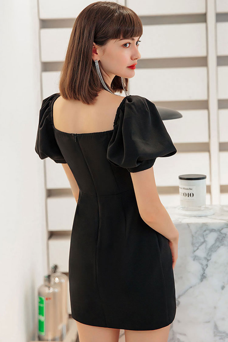Square Neck Puff Sleeve Satin Diagonal Ruched Waist Mini Dress