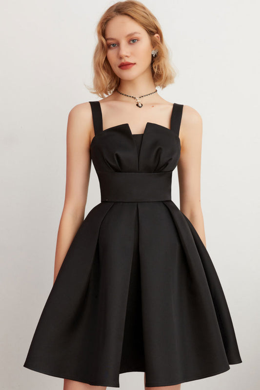 Architectural Notched Neckline Pleated Fit-and-Flare Suspender Strap Mini Dress