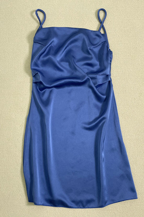 Cowl Neck Spaghetti Strap Ruched Side Satin Slip Mini Dress