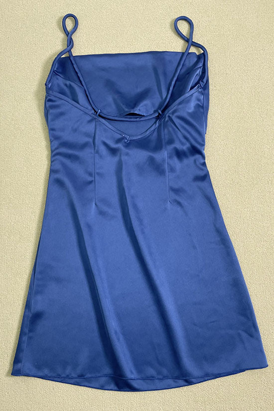 Cowl Neck Spaghetti Strap Ruched Side Satin Slip Mini Dress