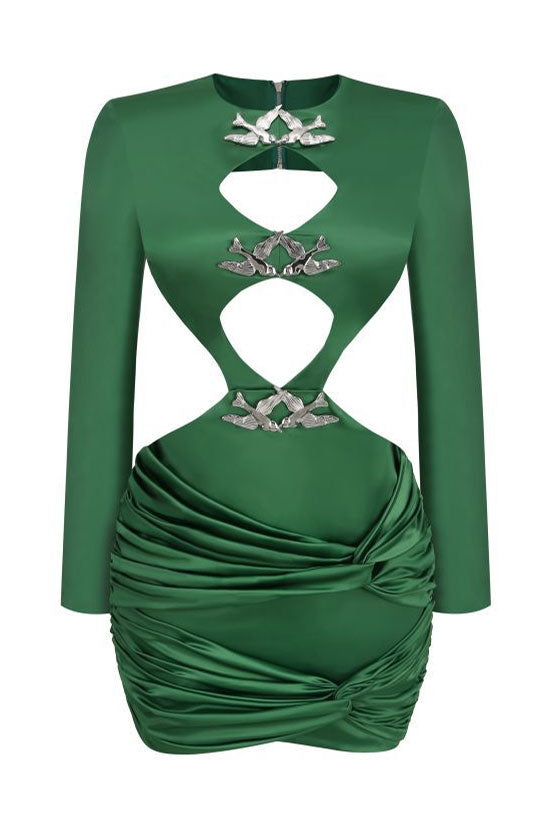 Cutout Chest Waist Metallic Accent Ruched Satin Long Sleeve Mini Dress