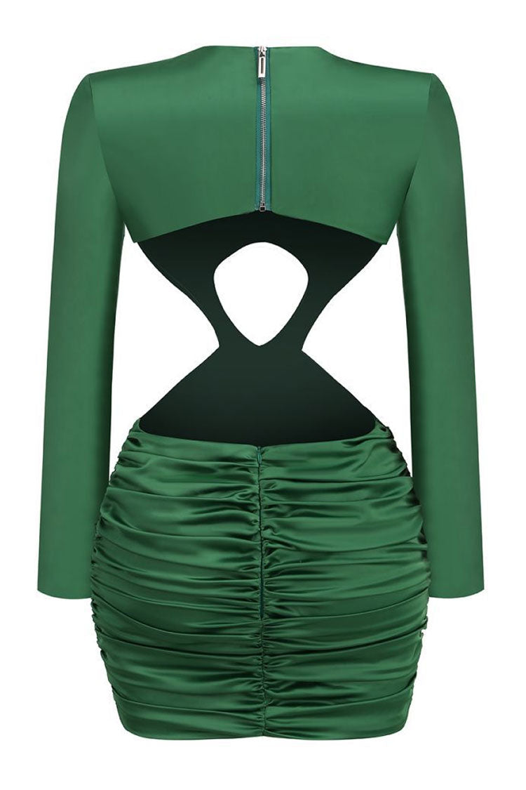 Cutout Chest Waist Metallic Accent Ruched Satin Long Sleeve Mini Dress