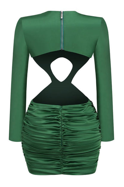 Cutout Chest Waist Metallic Accent Ruched Satin Long Sleeve Mini Dress