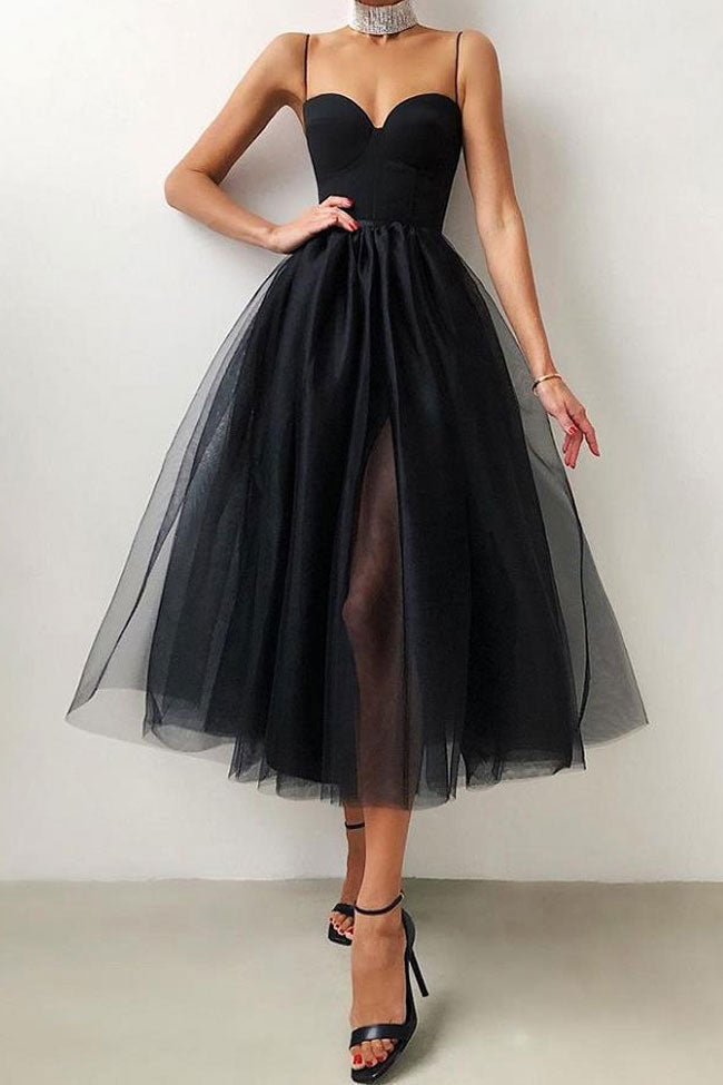 Sweetheart Corset Bodice Sheer Tulle High Slit Fit and Flare Midi Dress