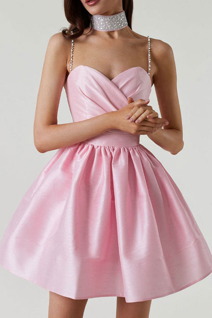 Sweetheart Pleated Bodice Rhinestone Spaghetti Strap Skater Mini Dress