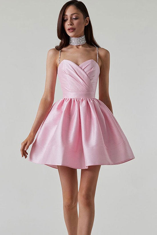 Sweetheart Pleated Bodice Rhinestone Spaghetti Strap Skater Mini Dress