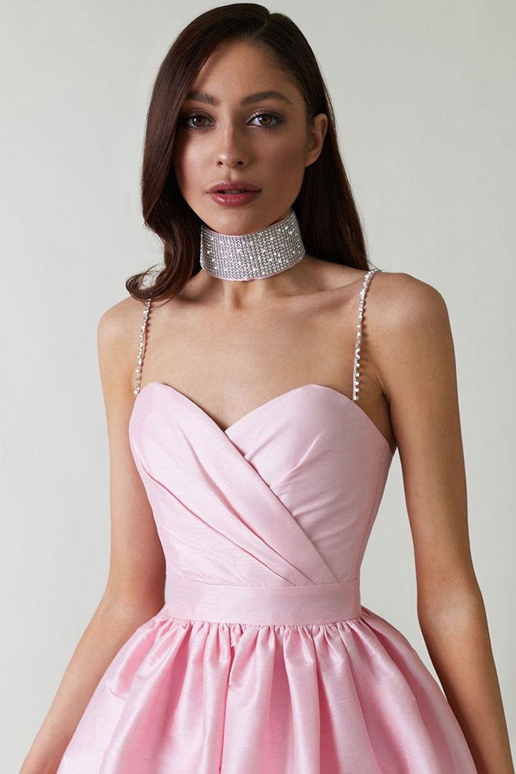 Sweetheart Pleated Bodice Rhinestone Spaghetti Strap Skater Mini Dress