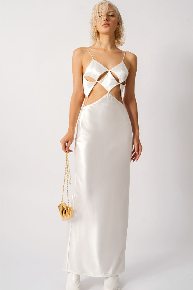 Spaghetti Strap Geometric Cutout Satin Back Slit Slip Maxi Dress