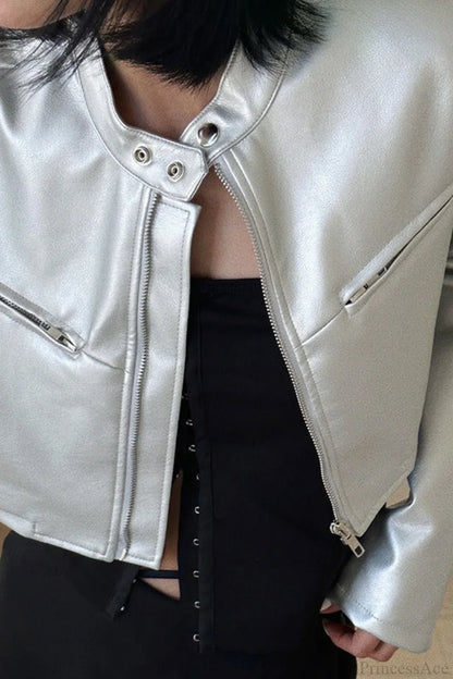 Silver Funnel Neck Snap Leather Short Jacket