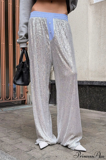 Silver Sequin Drapey Wide Leg Pants