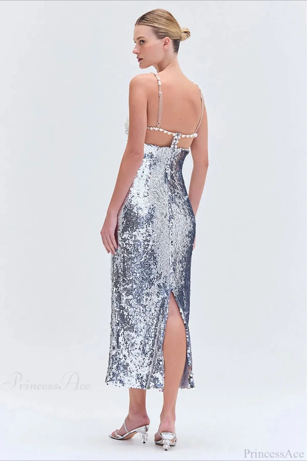 Silver Sequin Sexy Halter Backless Evening Dress