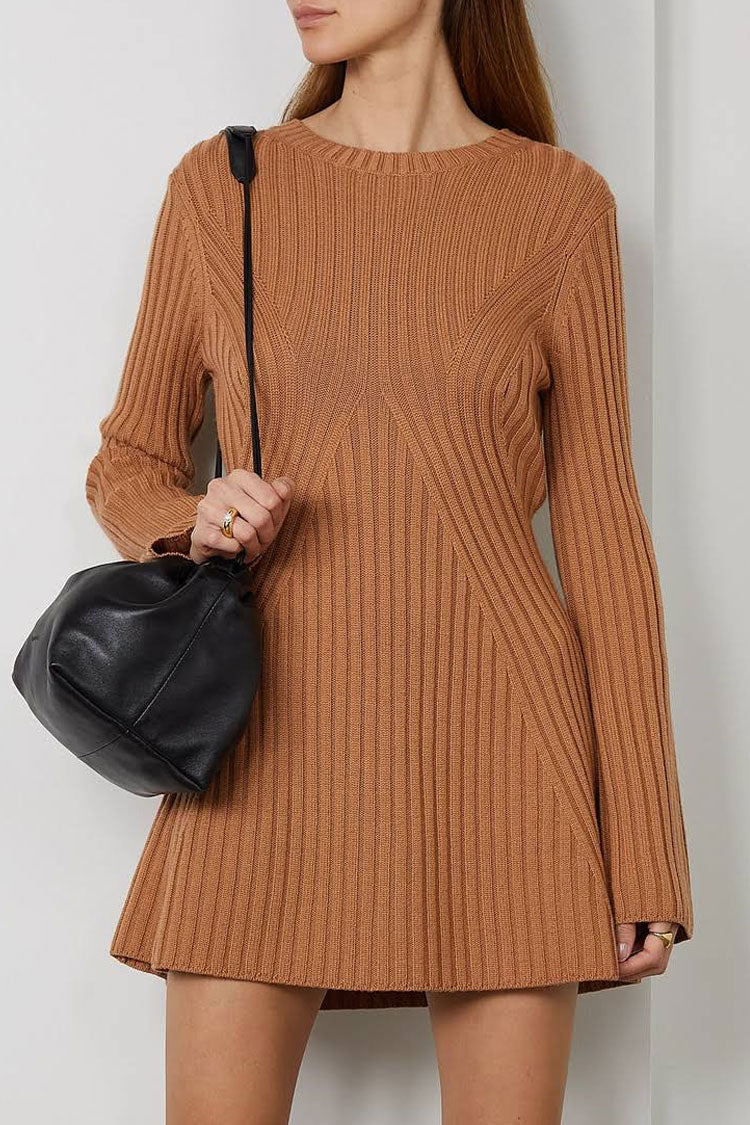Ribbed Knit Crew Neck Long Sleeve Chevron Panel Fit and Flare Mini Dress