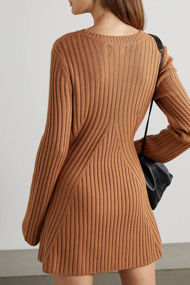 Ribbed Knit Crew Neck Long Sleeve Chevron Panel Fit and Flare Mini Dress