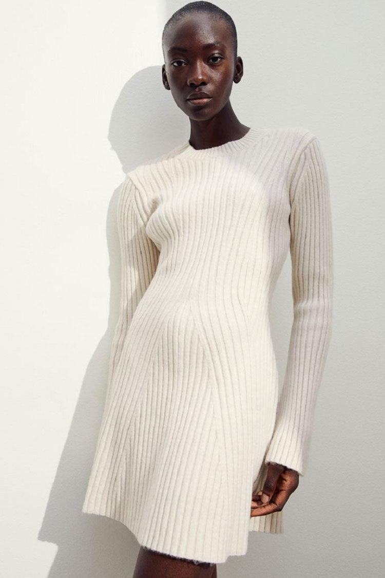 Ribbed Knit Crew Neck Long Sleeve Chevron Panel Fit and Flare Mini Dress