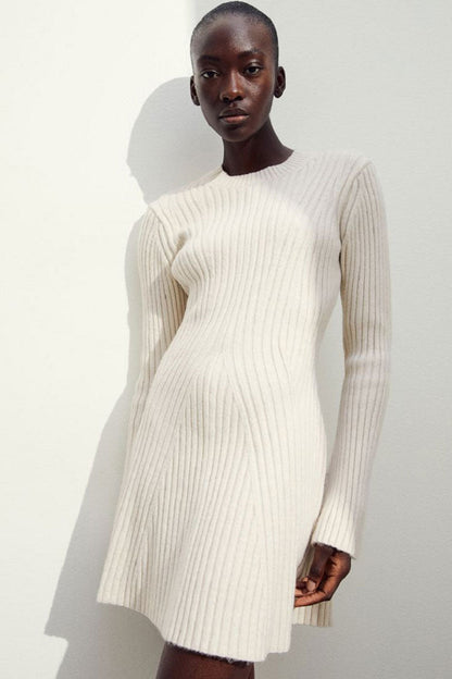 Ribbed Knit Crew Neck Long Sleeve Chevron Panel Fit and Flare Mini Dress