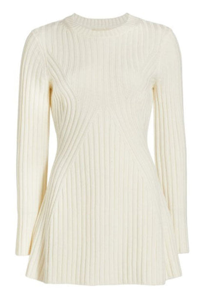 Ribbed Knit Crew Neck Long Sleeve Chevron Panel Fit and Flare Mini Dress