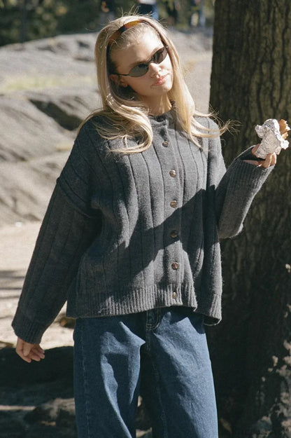 Simple Solid Rib Crewneck Oversized Cardigan Sweater