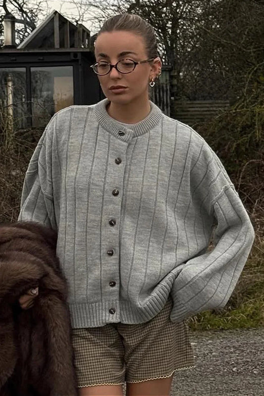Simple Solid Rib Crewneck Oversized Cardigan Sweater