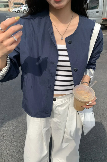 Simple Striped Sleeve Patchwork Casual Jacket