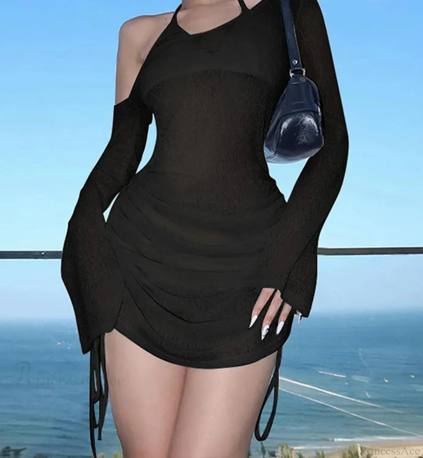 Asymmetric One-Shoulder Bell Sleeve Drawstring Ruched Mini Dress