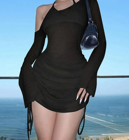 Asymmetric One-Shoulder Bell Sleeve Drawstring Ruched Mini Dress