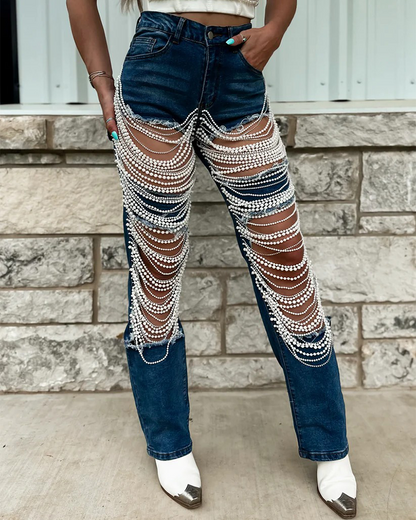 Bead Chain Pendant Ripped Jeans
