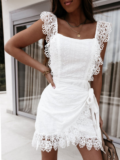 Square Neck Floral Eyelet Lace Scalloped Strap Wrap Tie Waist Lace Hem Mini Dress