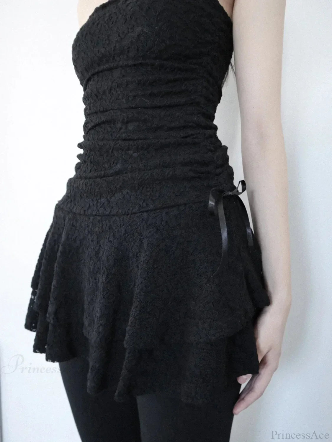 Strapless Ruched Lace Tube Bow-Side Tiered Mini Dress
