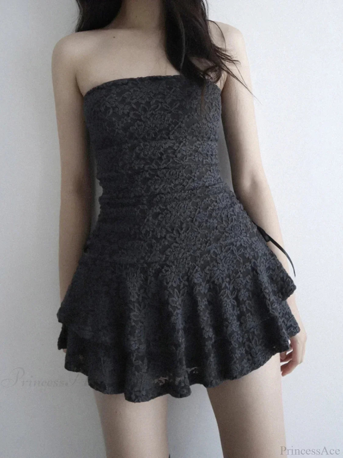 Strapless Ruched Lace Tube Bow-Side Tiered Mini Dress