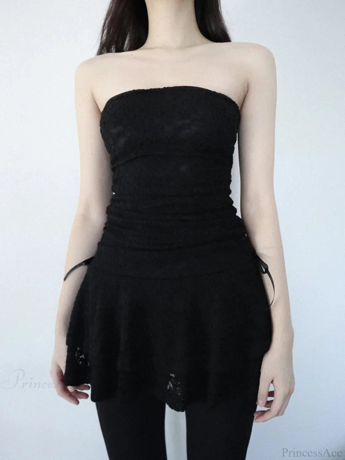 Strapless Ruched Lace Tube Bow-Side Tiered Mini Dress