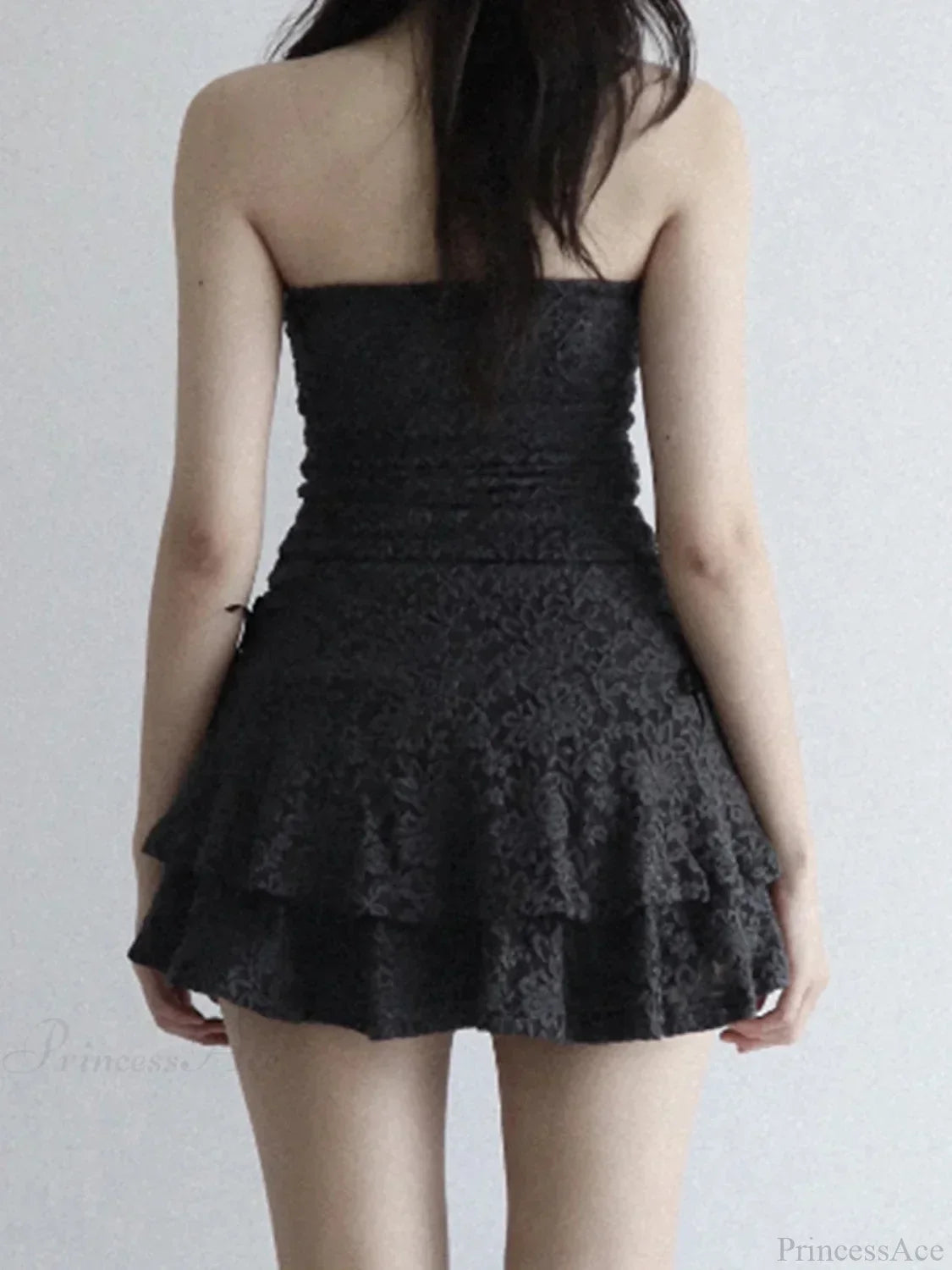 Strapless Ruched Lace Tube Bow-Side Tiered Mini Dress