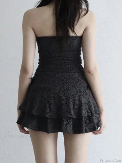 Strapless Ruched Lace Tube Bow-Side Tiered Mini Dress