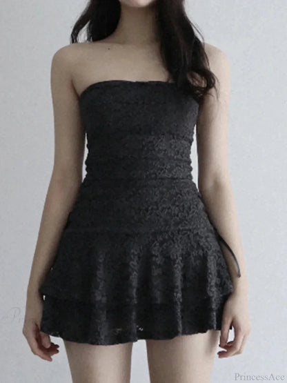 Strapless Ruched Lace Tube Bow-Side Tiered Mini Dress