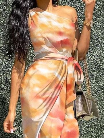 One Shoulder Ombre Wrap Tie Waist Asymmetrical Hem Midi Dress