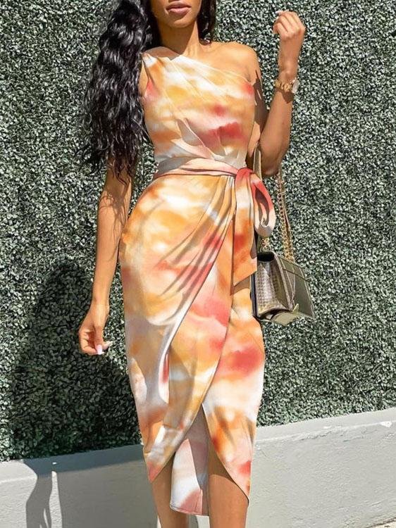 One Shoulder Ombre Wrap Tie Waist Asymmetrical Hem Midi Dress