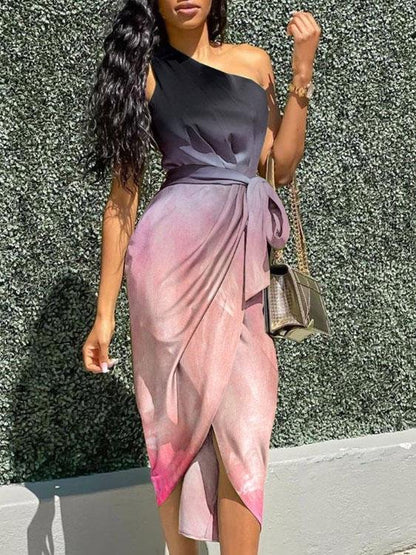 One Shoulder Ombre Wrap Tie Waist Asymmetrical Hem Midi Dress