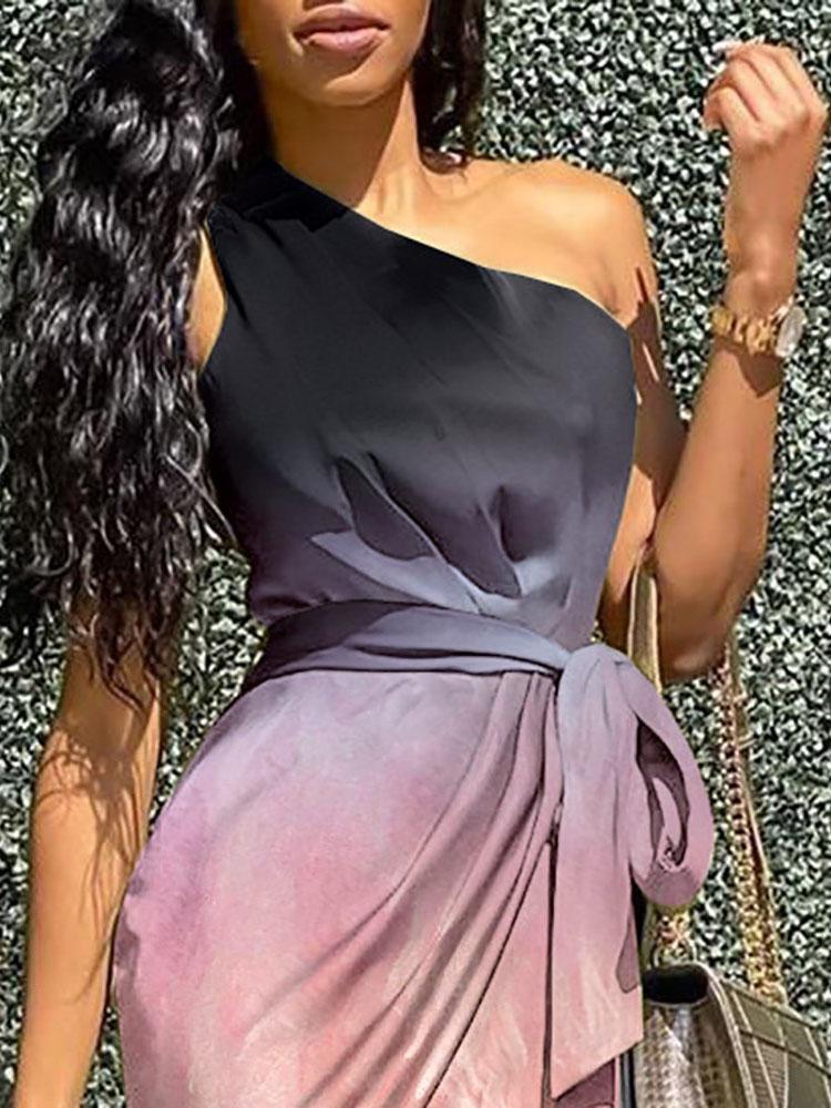 One Shoulder Ombre Wrap Tie Waist Asymmetrical Hem Midi Dress