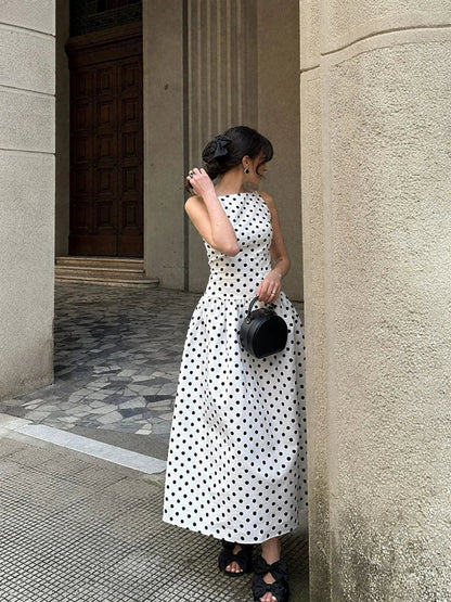 Sleeveless Polka Dot Casual Maxi Dress