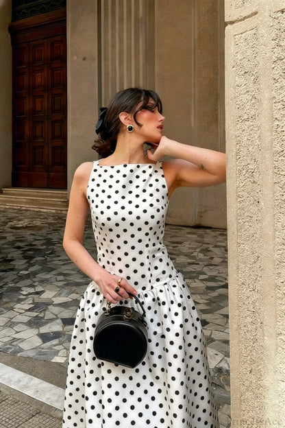 Sleeveless Polka Dot Casual Maxi Dress