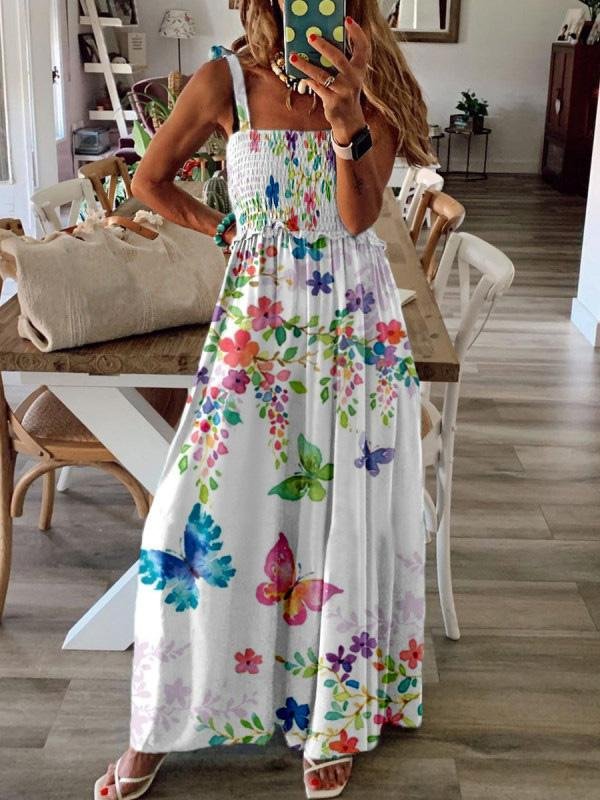 Butterfly Floral Print Smocked Bodice Tie Strap Spaghetti Strap Maxi Dress