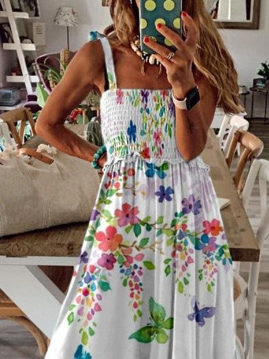 Butterfly Floral Print Smocked Bodice Tie Strap Spaghetti Strap Maxi Dress
