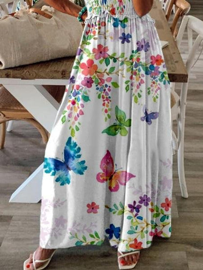 Butterfly Floral Print Smocked Bodice Tie Strap Spaghetti Strap Maxi Dress